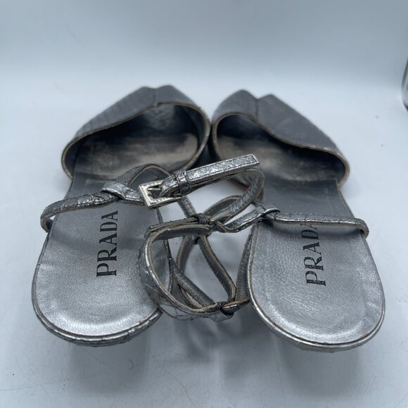 Vintage Prada Silver Python-Embossed Kitten Heel Sandals | Size 36.5 | RARE - Picture 4 of 10